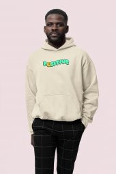 Positive Baskılı Bej Erkek Kapüşonlu 3 iplik Şardonlu Ribanalı Sweatshirt Hoodie - 1