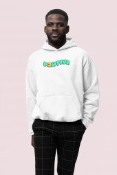 Positive Baskılı Beyaz Erkek Kapüşonlu 3 iplik Şardonlu Ribanalı Sweatshirt Hoodie - 1