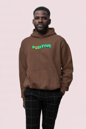 Positive Baskılı Kahverengi Erkek Kapüşonlu 3 iplik Şardonlu Ribanalı Sweatshirt Hoodie - 1