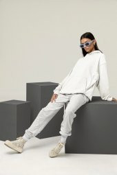 Kadın Düz Beyaz Erkek Kapüşonlu 3 iplik Şardonlu Ribanalı Sweatshirt Hoodie - 4