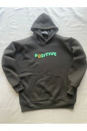 Positive Baskılı Siyah Erkek Kapüşonlu 3 iplik Şardonlu Ribanalı Sweatshirt Hoodie - 3