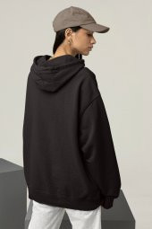 Kadın Düz Siyah Erkek Kapüşonlu 3 iplik Şardonlu Ribanalı Sweatshirt Hoodie - 2