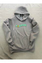 Positive Baskılı Gri Erkek Kapüşonlu 3 iplik Şardonlu Ribanalı Sweatshirt Hoodie - 3