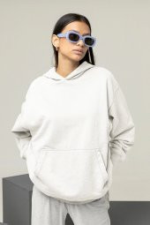 Kadın Düz Beyaz Erkek Kapüşonlu 3 iplik Şardonlu Ribanalı Sweatshirt Hoodie - 5