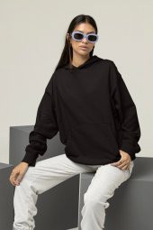 Kadın Düz Siyah Erkek Kapüşonlu 3 iplik Şardonlu Ribanalı Sweatshirt Hoodie - 3