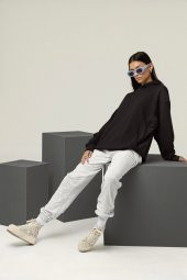 Kadın Düz Siyah Erkek Kapüşonlu 3 iplik Şardonlu Ribanalı Sweatshirt Hoodie - 4