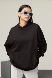 Kadın Düz Siyah Erkek Kapüşonlu 3 iplik Şardonlu Ribanalı Sweatshirt Hoodie - 5