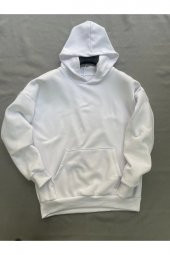 Düz Beyaz Erkek Kapüşonlu 3 iplik Şardonlu Ribanalı Sweatshirt Hoodie - 3