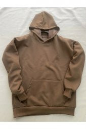 Düz Kahverengi Erkek Kapüşonlu 3 iplik Şardonlu Ribanalı Sweatshirt Hoodie - 3