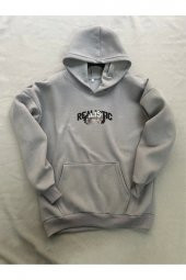 Realistic Baskılı Gri Erkek Kapüşonlu 3 iplik Şardonlu Ribanalı Sweatshirt Hoodie - 3