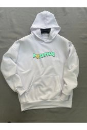 Positive Baskılı Beyaz Erkek Kapüşonlu 3 iplik Şardonlu Ribanalı Sweatshirt Hoodie - 3