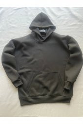 Düz Siyah Erkek Kapüşonlu 3 iplik Şardonlu Ribanalı Sweatshirt Hoodie - 3