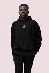 Realistic Baskılı Siyah Erkek Kapüşonlu 3 iplik Şardonlu Ribanalı Sweatshirt Hoodie - 1