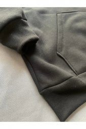 Düz Siyah Erkek Kapüşonlu 3 iplik Şardonlu Ribanalı Sweatshirt Hoodie - 5