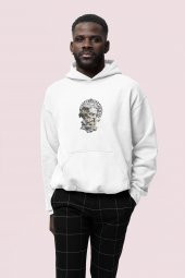Zeus Baskılı Beyaz Erkek Kapüşonlu 3 iplik Şardonlu Ribanalı Sweatshirt Hoodie - 1