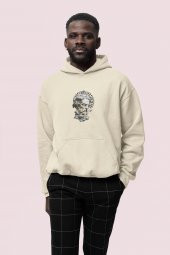 Zeus Baskılı Bej Erkek Kapüşonlu 3 iplik Şardonlu Ribanalı Sweatshirt Hoodie - 1