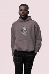 Zeus Baskılı Gri Erkek Kapüşonlu 3 iplik Şardonlu Ribanalı Sweatshirt Hoodie - 1