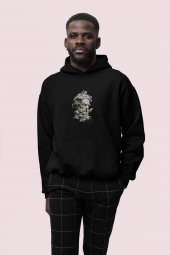 Zeus Baskılı Siyah Erkek Kapüşonlu 3 iplik Şardonlu Ribanalı Sweatshirt Hoodie - 1
