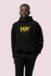 Dark Baskılı Siyah Erkek Kapüşonlu 3 iplik Şardonlu Ribanalı Sweatshirt Hoodie - 1