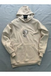 Zeus Baskılı Bej Erkek Kapüşonlu 3 iplik Şardonlu Ribanalı Sweatshirt Hoodie - 3