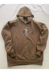 Zeus Baskılı Kahverengi Erkek Kapüşonlu 3 iplik Şardonlu Ribanalı Sweatshirt Hoodie - 3