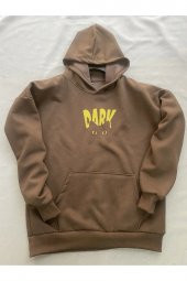 Dark Baskılı Kahverengi Erkek Kapüşonlu 3 iplik Şardonlu Ribanalı Sweatshirt Hoodie - 3