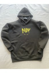 Dark Baskılı Siyah Erkek Kapüşonlu 3 iplik Şardonlu Ribanalı Sweatshirt Hoodie - 3