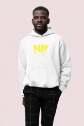 Dark Baskılı Beyaz Erkek Kapüşonlu 3 iplik Şardonlu Ribanalı Sweatshirt Hoodie - 1
