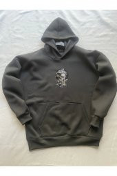 Zeus Baskılı Siyah Erkek Kapüşonlu 3 iplik Şardonlu Ribanalı Sweatshirt Hoodie - 3