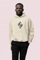 Skull Baskılı Bej Erkek Kapüşonlu 3 iplik Şardonlu Ribanalı Sweatshirt Hoodie - 1