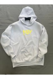 Dark Baskılı Beyaz Erkek Kapüşonlu 3 iplik Şardonlu Ribanalı Sweatshirt Hoodie - 3