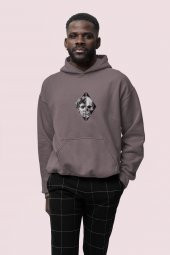 Skull Baskılı Gri Erkek Kapüşonlu 3 iplik Şardonlu Ribanalı Sweatshirt Hoodie - 1