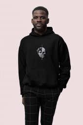 Skull Baskılı Siyah Erkek Kapüşonlu 3 iplik Şardonlu Ribanalı Sweatshirt Hoodie - 1
