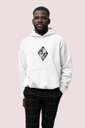Skull Baskılı Beyaz Erkek Kapüşonlu 3 iplik Şardonlu Ribanalı Sweatshirt Hoodie - 1