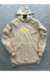 Dark Baskılı Bej Erkek Kapüşonlu 3 iplik Şardonlu Ribanalı Sweatshirt Hoodie - 3