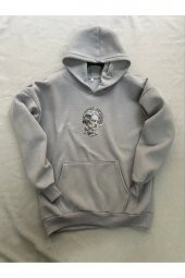 Zeus Baskılı Gri Erkek Kapüşonlu 3 iplik Şardonlu Ribanalı Sweatshirt Hoodie - 3