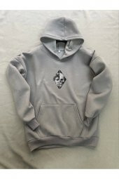Skull Baskılı Gri Erkek Kapüşonlu 3 iplik Şardonlu Ribanalı Sweatshirt Hoodie - 3