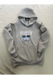 Youth Baskılı Gri Erkek Kapüşonlu 3 iplik Şardonlu Ribanalı Sweatshirt Hoodie - 3