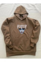 Youth Baskılı Kahverengi Erkek Kapüşonlu 3 iplik Şardonlu Ribanalı Sweatshirt Hoodie - 3
