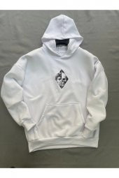 Skull Baskılı Beyaz Erkek Kapüşonlu 3 iplik Şardonlu Ribanalı Sweatshirt Hoodie - 3