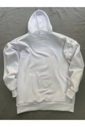 Skull Baskılı Beyaz Erkek Kapüşonlu 3 iplik Şardonlu Ribanalı Sweatshirt Hoodie - 4