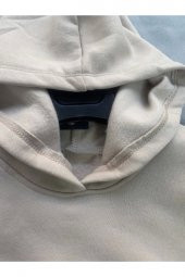 Skull Baskılı Bej Erkek Kapüşonlu 3 iplik Şardonlu Ribanalı Sweatshirt Hoodie - 7