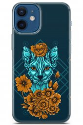 Apple iPhone 12 Mini Uyumlu Kılıf Sfenks 13 Yeşil Kedi Case Kapak Mavi - 1