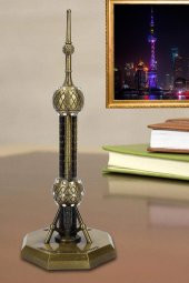 Vintage Metal Shanghai Oriental Pearl Tv Tower Biblo Antik Bronz 18 cm - 10