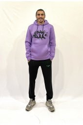 Erkek Kapşonlu Rahat Kalıp İçi Polarlı 3 iplik NYC Baskılı SweatShırt spr24swK09 - 10