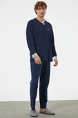 V Yaka Rahat Kalıp Pijama Takım - Lacivert - 1