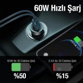 Coofbe 60W Turbo Araç Şarjı 2 Type-c Girişli Şarj Akım Korumalı Araç Çakmaklık Şarjı 12v-24v Araç Şarj - 3
