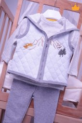 Babyhola Elyaf Dolgulu 1 Tog Kapitone Yelek Badi Pantolon Erkek Bebek 3'lü Takım 12610 - 4