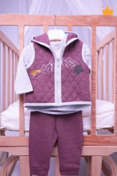 Babyhola Elyaf Dolgulu 1 Tog Kapitone Yelek Badi Pantolon Erkek Bebek 3'lü Takım 12610 - 9