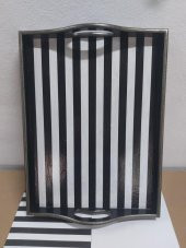 Siyah Beyaz Şeritli Ahşap Tepsi 40x30cm - 1
